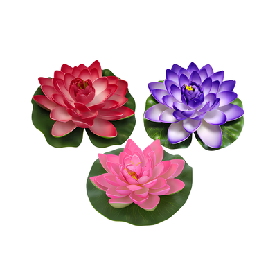 Artificial floating water lily set with small, medium and large lotus-style pond flowers for decorating ponds, pools and garden water features