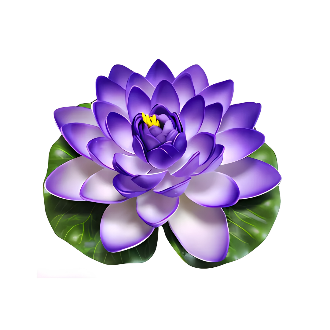 Artificial floating water lily set with small, medium and large lotus-style pond flowers for decorating ponds, pools and garden water features