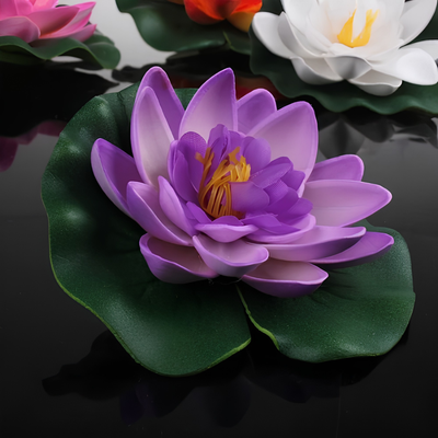 Artificial floating water lily set with small, medium and large lotus-style pond flowers for decorating ponds, pools and garden water features