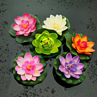 Artificial floating water lily set with small, medium and large lotus-style pond flowers for decorating ponds, pools and garden water features