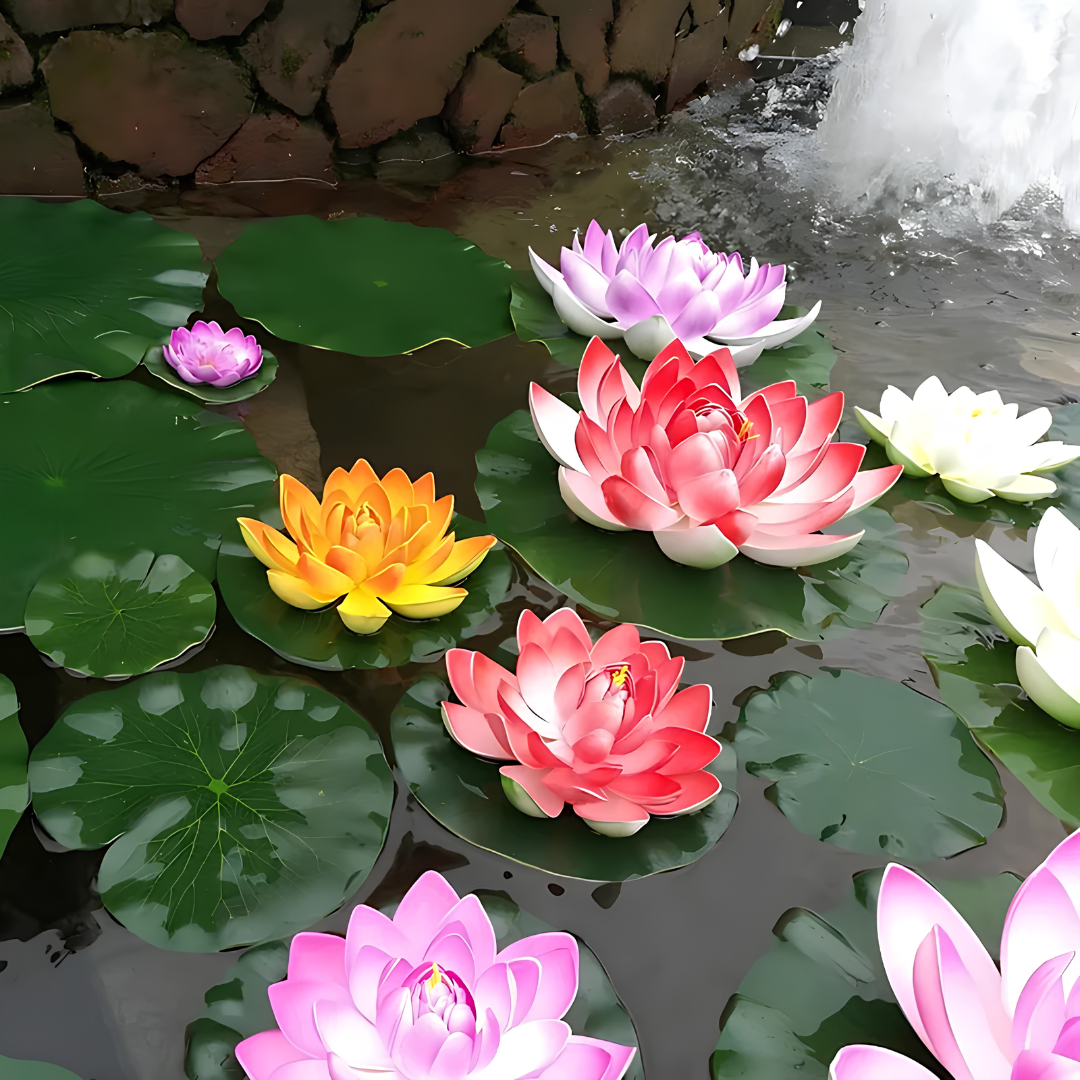 Artificial floating water lily set with small, medium and large lotus-style pond flowers for decorating ponds, pools and garden water features