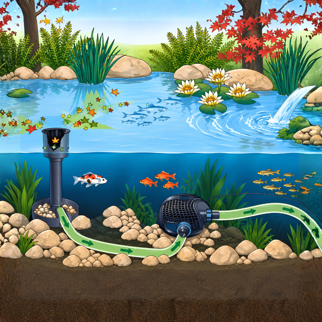 Mechanical pond leaf skimmer with telescopic floating suction head, removable debris basket and 20–40mm connection for ponds up to 25 square metres