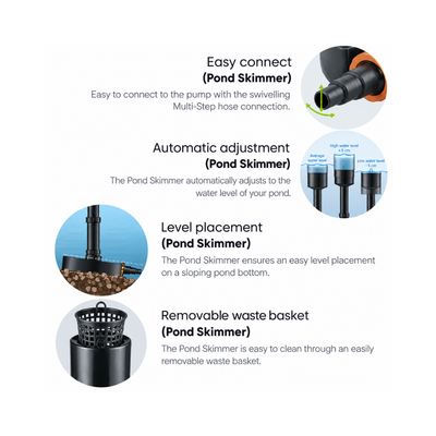 Mechanical pond leaf skimmer with telescopic floating suction head, removable debris basket and 20–40mm connection for ponds up to 25 square metres
