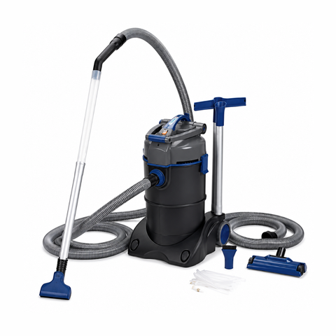 A wet/dry vacuum cleaner with a gray and black canister body, blue accents, a flexible gray hose, a long silver wand with a blue nozzle, a vertical extension pole, and several blue accessories, shown on a white background.