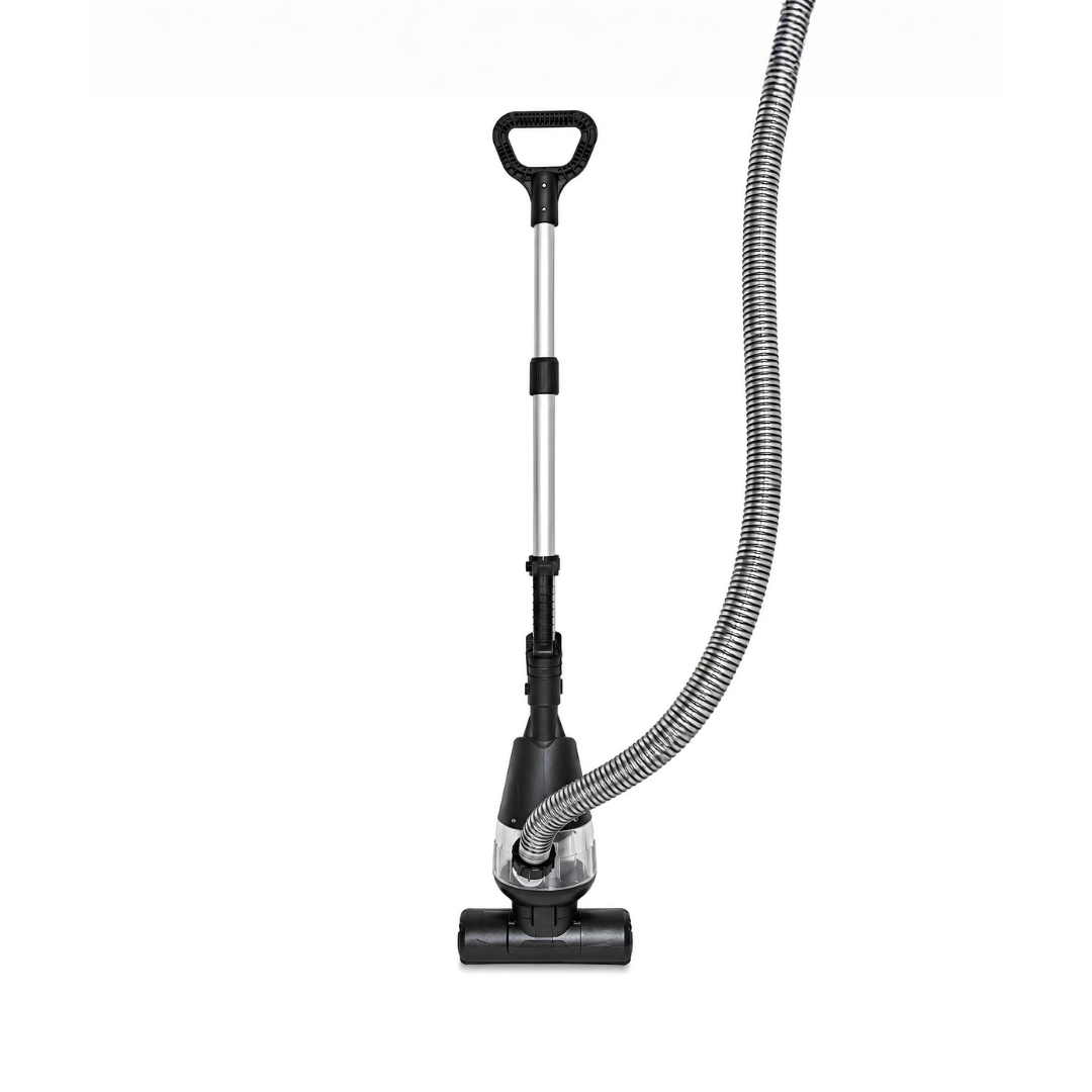 PC-1 Pond Vacuum Cleaner with 250W motor, 6000L/h flow rate, 2m telescopic pole, 6m discharge hose, remote control and two cleaning attachments for removing sludge and debris from garden and fish ponds.