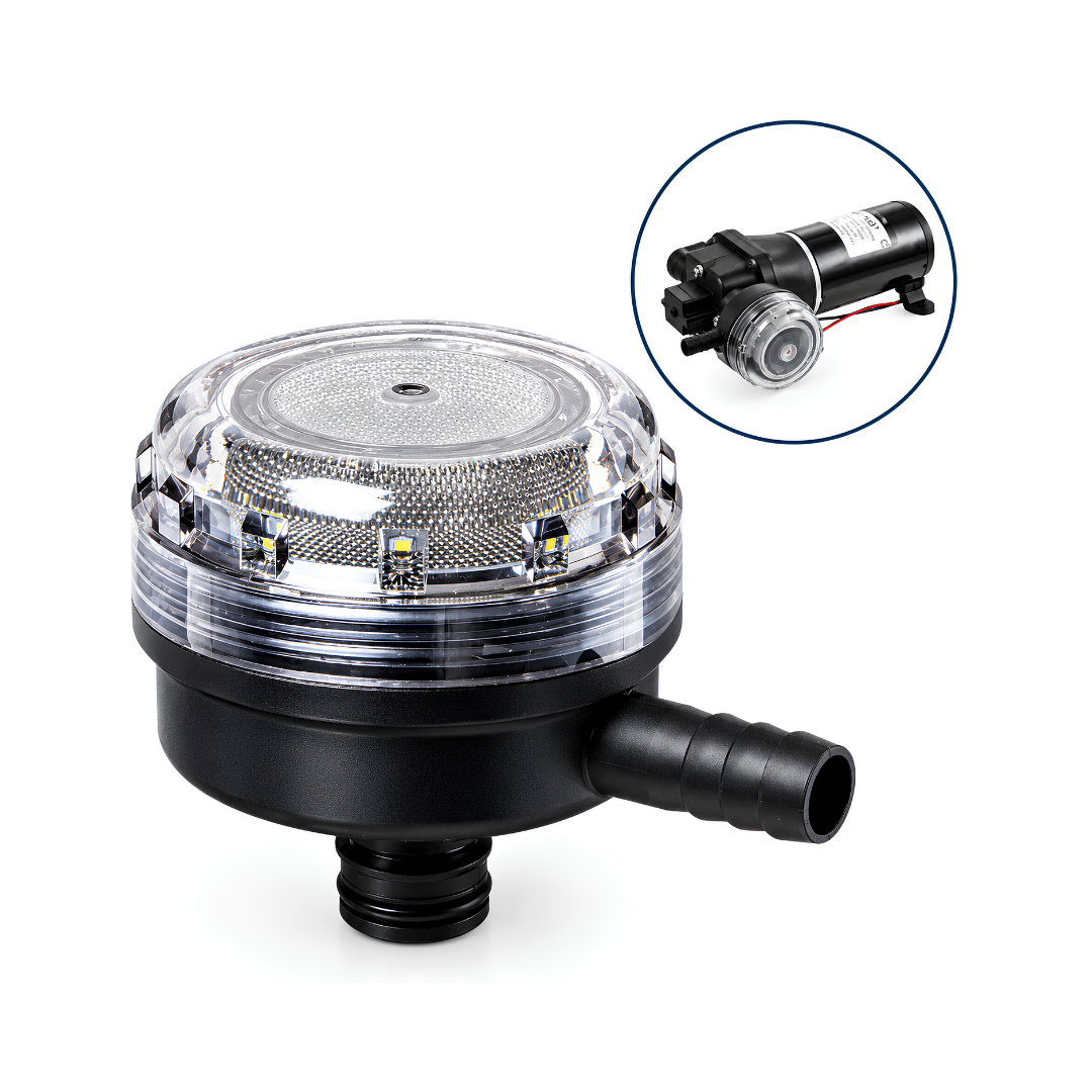 Pre-pump water filter strainer for 12V diaphragm pumps with clear removable bowl, 40-mesh stainless steel filter screen and 12mm hose barb connection, compatible with FL30, FL35 and FL40 pumps.