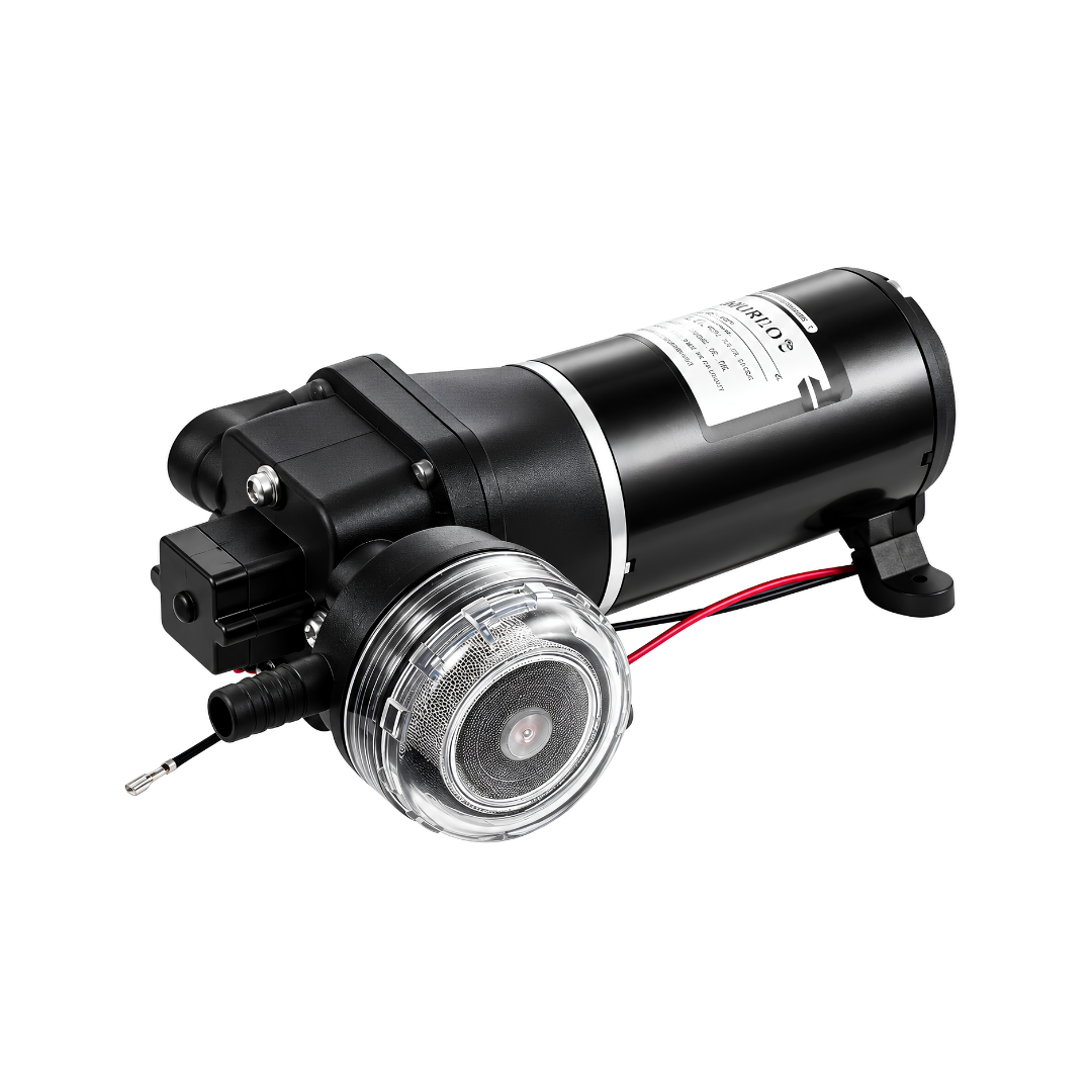 Pre-pump water filter strainer for 12V diaphragm pumps with clear removable bowl, 40-mesh stainless steel filter screen and 12mm hose barb connection, compatible with FL30, FL35 and FL40 pumps.