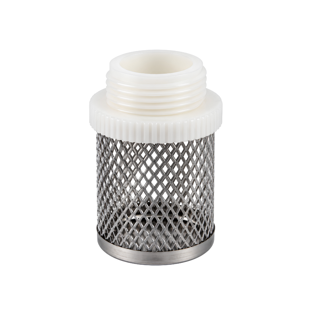 20mm stainless steel pipe pre-strainer foot valve designed to prevent dirt, debris and larger particles from entering pump suction lines in water pumping and irrigation systems.