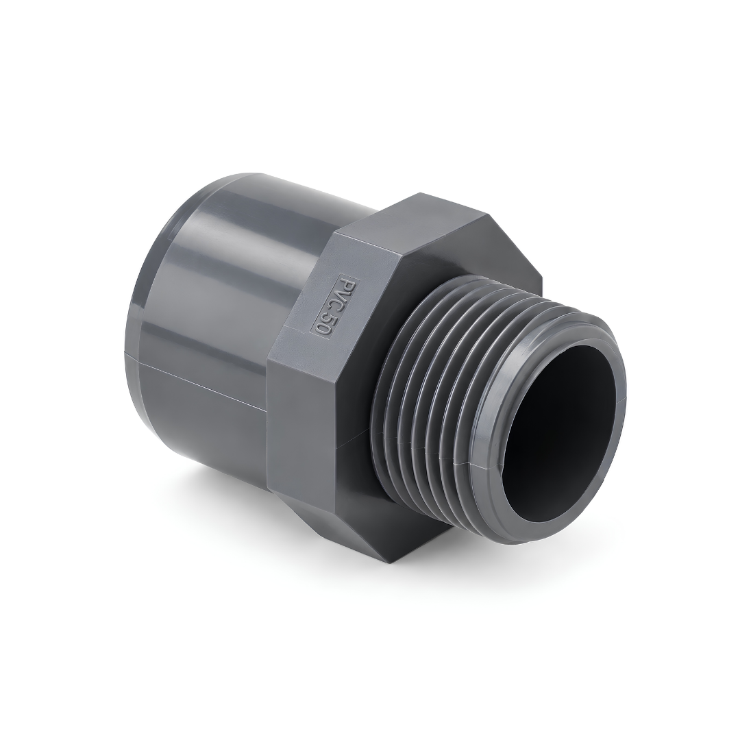 PVC male threaded adapter fitting with solvent weld socket and external male thread, designed for connecting PVC pipes to threaded plumbing, irrigation and water supply fittings.
