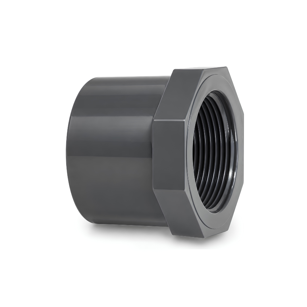 PVC Adapter Reducing Bush Plain / Female fitting with a plain solvent weld connection and smaller internal female thread, designed for connecting PVC pipes to threaded fittings in irrigation, pool plumbing and water supply systems.
