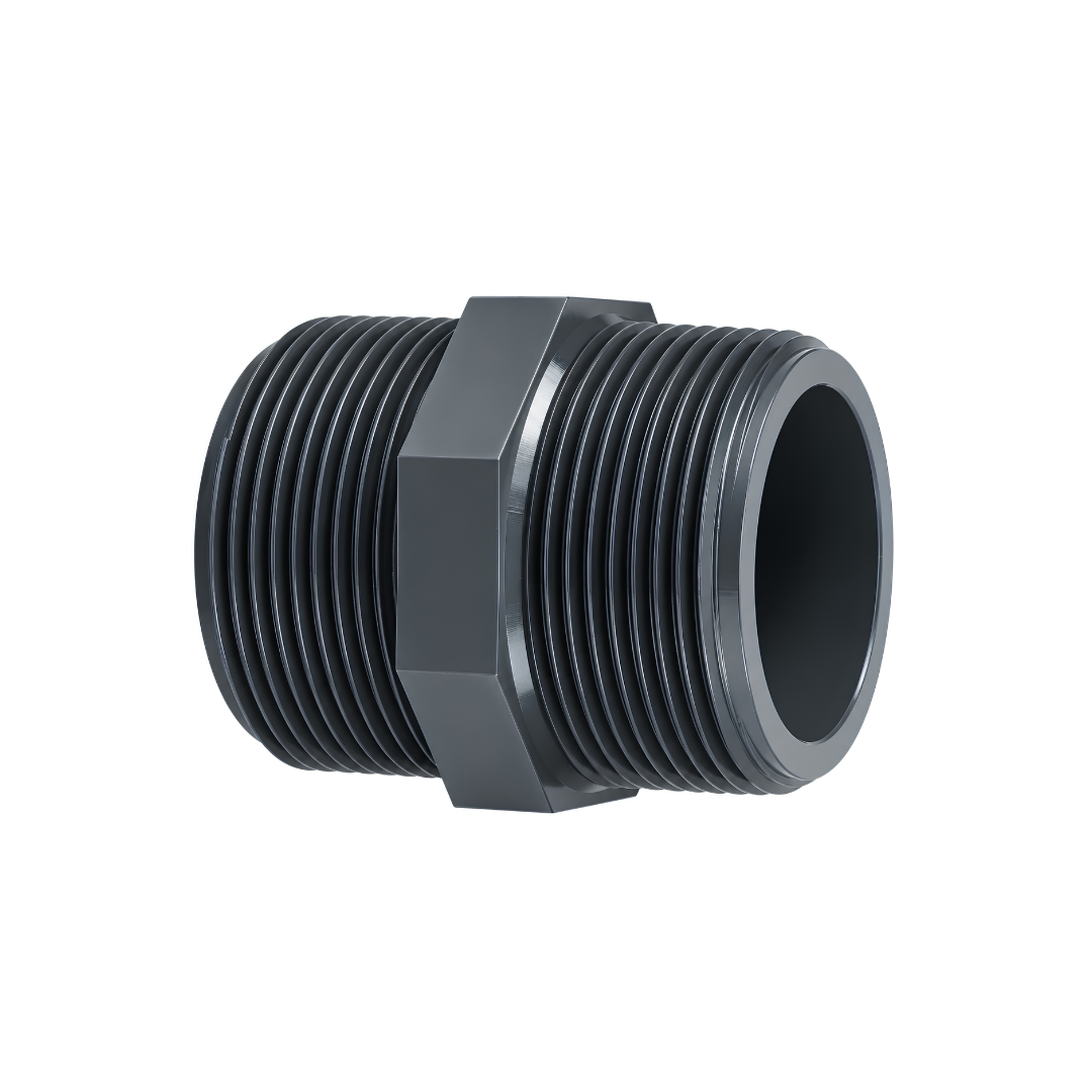 PVC male threaded nipple fitting with external threads on both ends, designed for connecting female threaded pipes, valves and fittings in irrigation, pool plumbing and water supply systems.