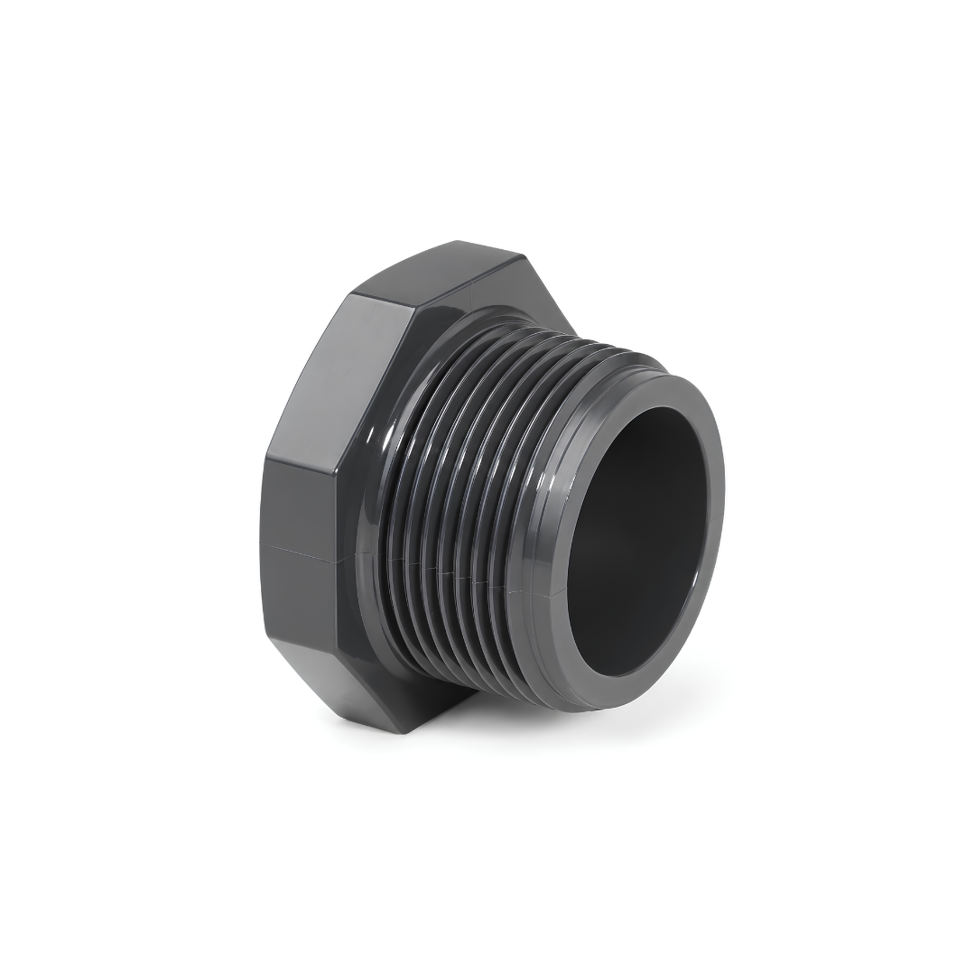 PVC male threaded plug fitting with external threads, designed to seal unused female threaded pipe connections in irrigation, swimming pool plumbing and water supply systems.