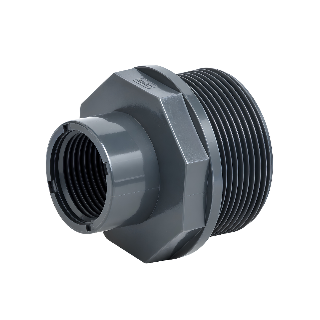 PVC male-female threaded reducer fitting with external male threads and smaller internal female threads, designed for connecting different pipe sizes in irrigation, pool plumbing and water supply systems.