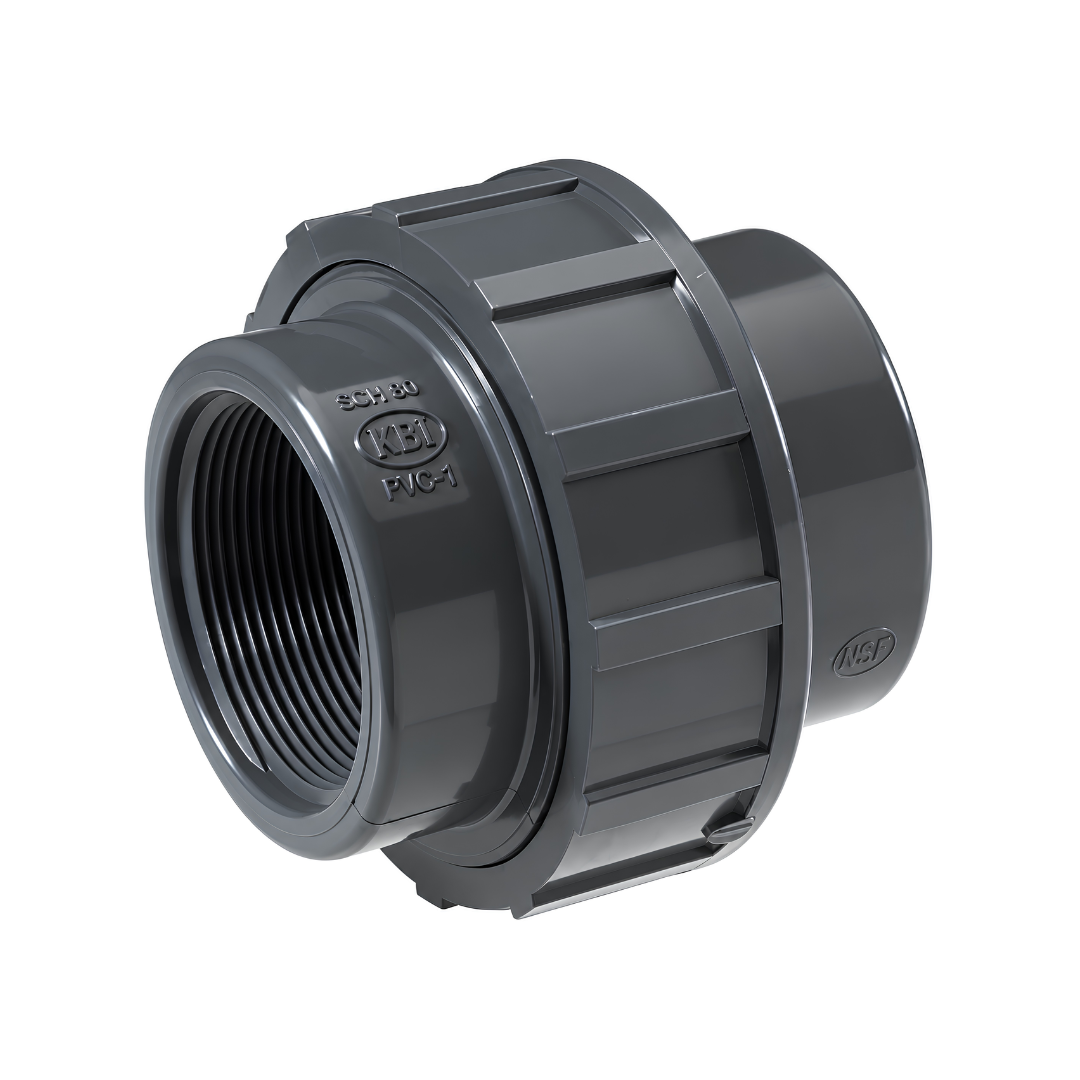 PVC union plain to female threaded adapter for pumps, ponds, pools and water plumbing, available from 16mm x 3/8 inch to 63mm x 2 inch