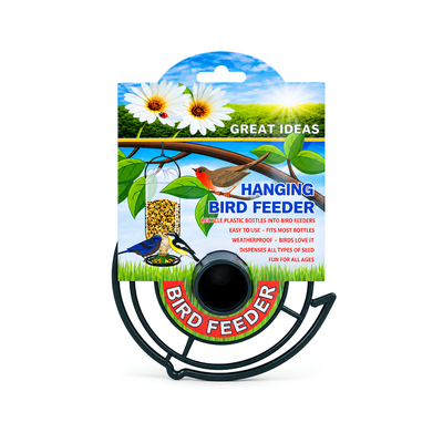 Recycled PVC bird feeder attachment for converting a 2L plastic bottle into a hanging DIY garden bird seed feeder
