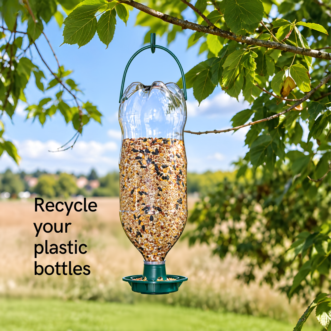 Recycled PVC bird feeder attachment for converting a 2L plastic bottle into a hanging DIY garden bird seed feeder