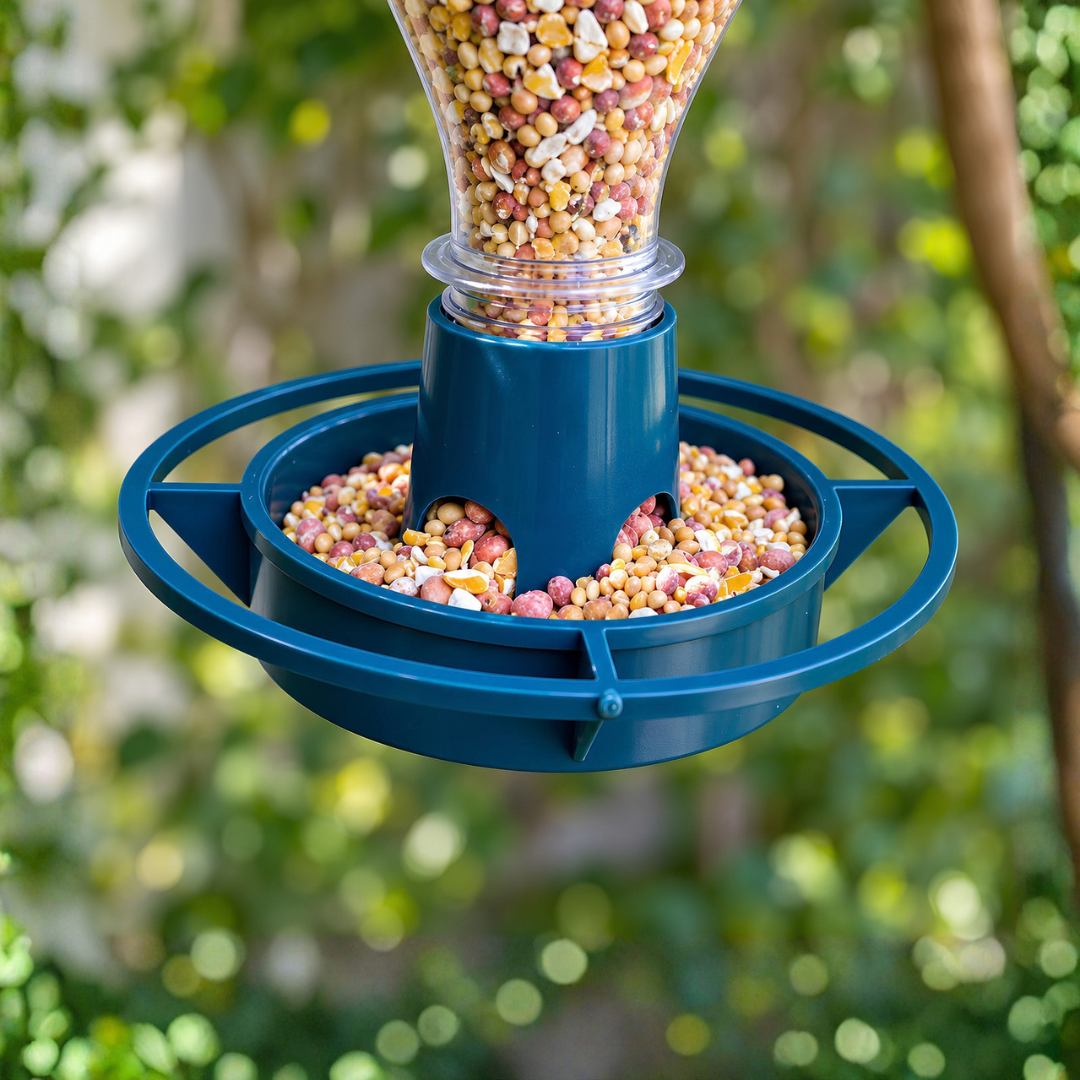 Recycled PVC bird feeder attachment for converting a 2L plastic bottle into a hanging DIY garden bird seed feeder