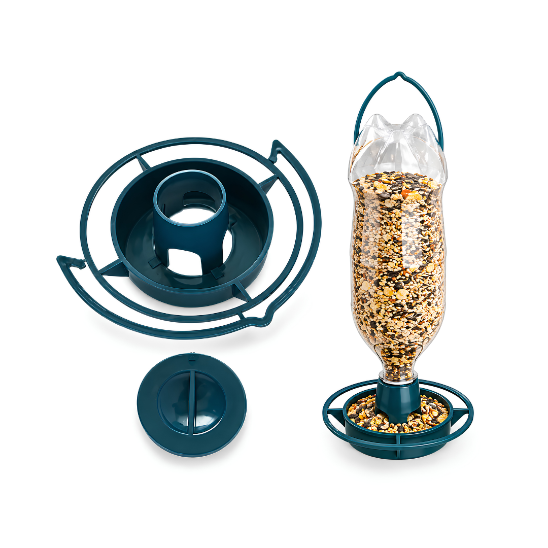 Recycled PVC bird feeder attachment for converting a 2L plastic bottle into a hanging DIY garden bird seed feeder
