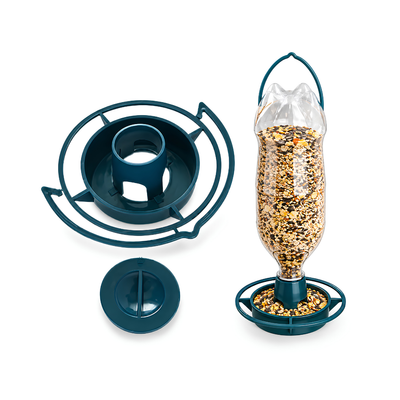 Recycled PVC bird feeder attachment for converting a 2L plastic bottle into a hanging DIY garden bird seed feeder