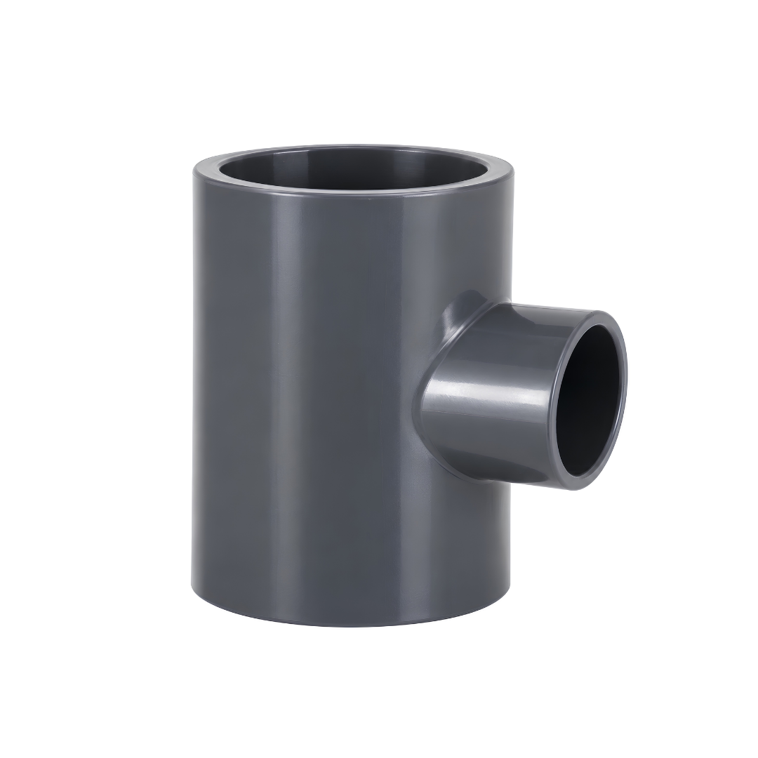PVC Reducing Tee PN16 with solvent-weld sockets and smaller 90-degree branch for pressure pipe systems