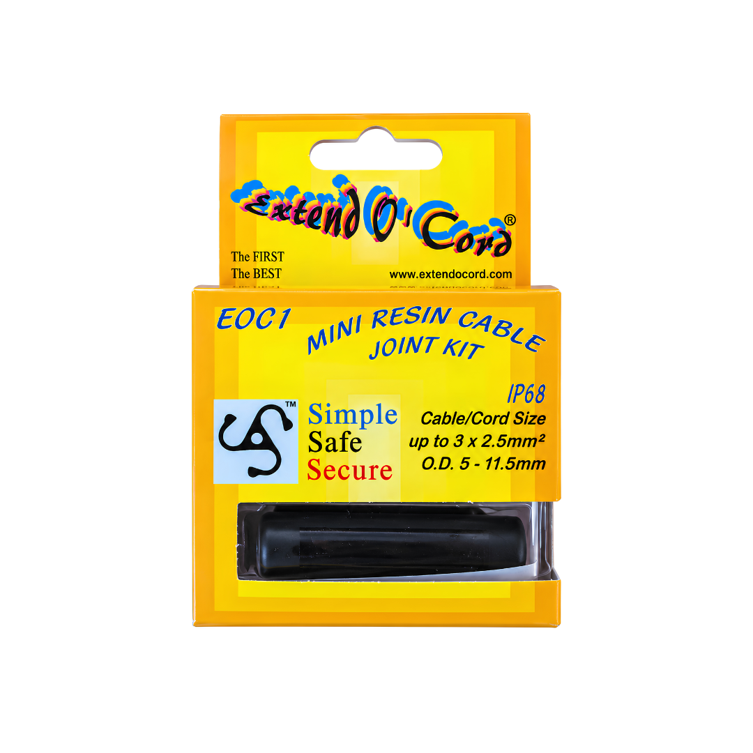 Waterproofing Cable Joiner for connecting and extending flexible 2-core and 3-core electrical cables, compact electrical connector rated up to 250V and 16A.