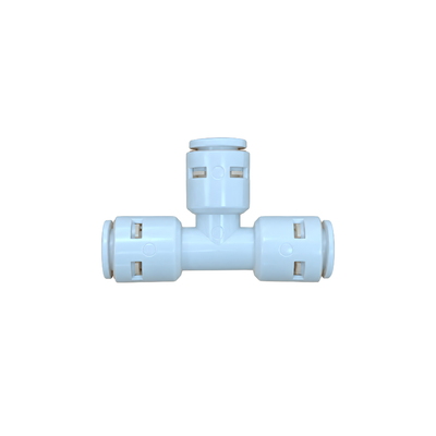 RO Tee Piece push-fit water connector with three tubing connections, designed for branching reverse osmosis water lines in filtration, misting and water purification systems.