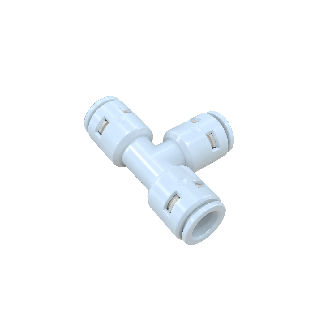 RO Tee Piece push-fit water connector with three tubing connections, designed for branching reverse osmosis water lines in filtration, misting and water purification systems.