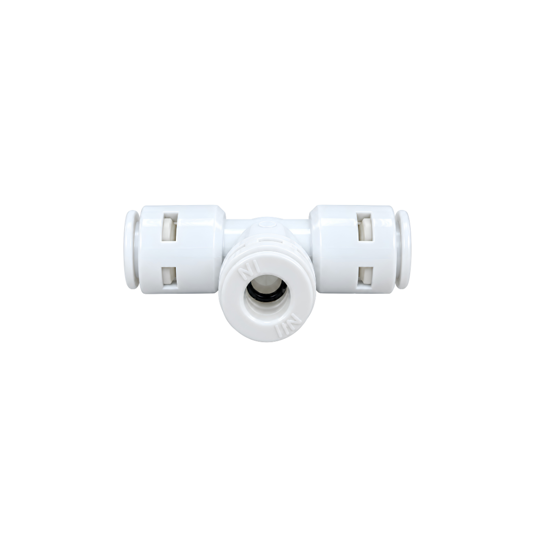 RO Tee Piece push-fit water connector with three tubing connections, designed for branching reverse osmosis water lines in filtration, misting and water purification systems.