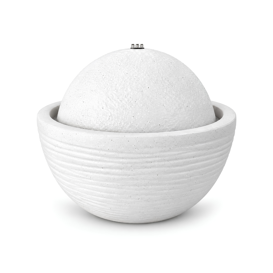 Round Bowl Water Feature with textured sphere and white stone-look finish for gardens, patios and courtyards