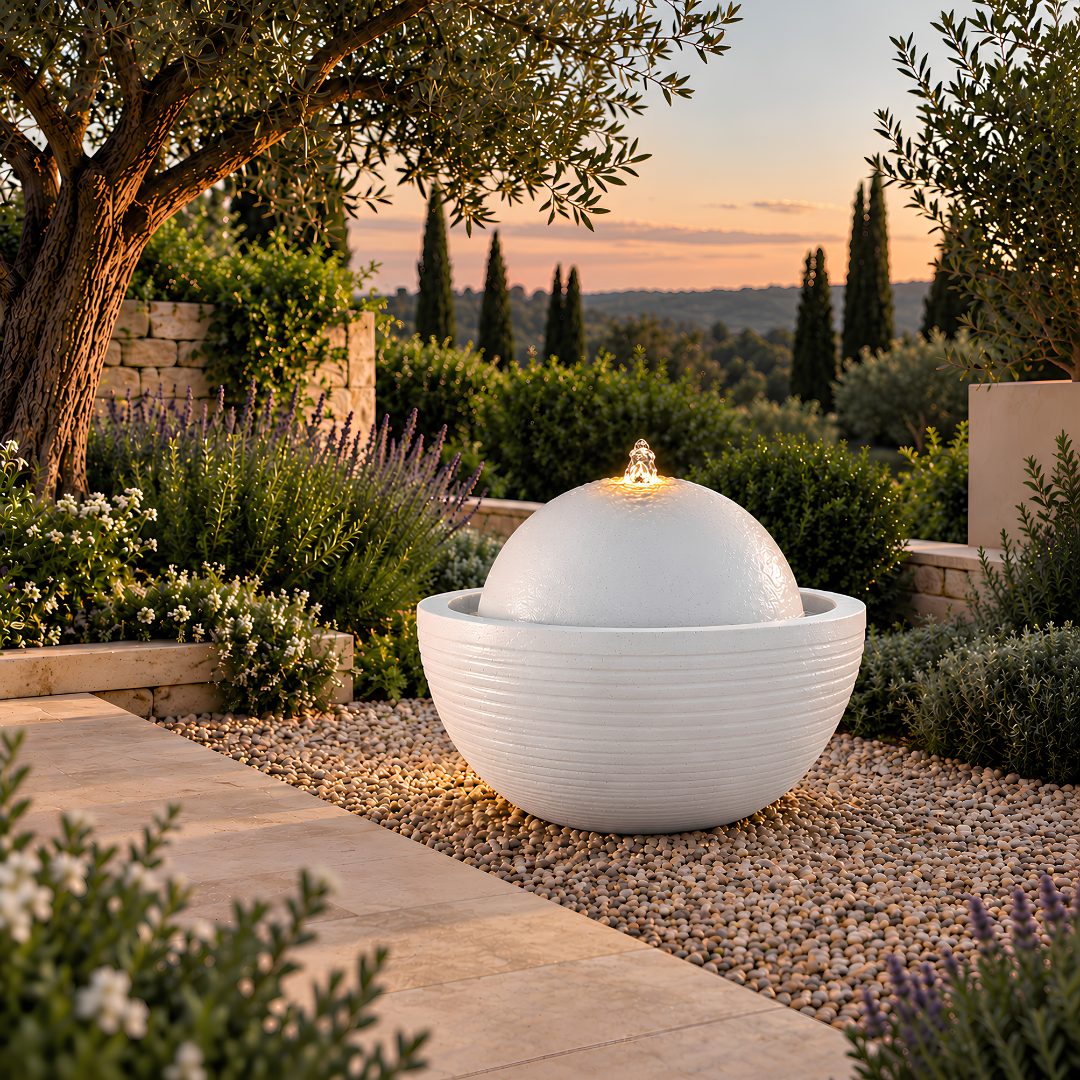 Round Bowl Water Feature with textured sphere and white stone-look finish for gardens, patios and courtyards