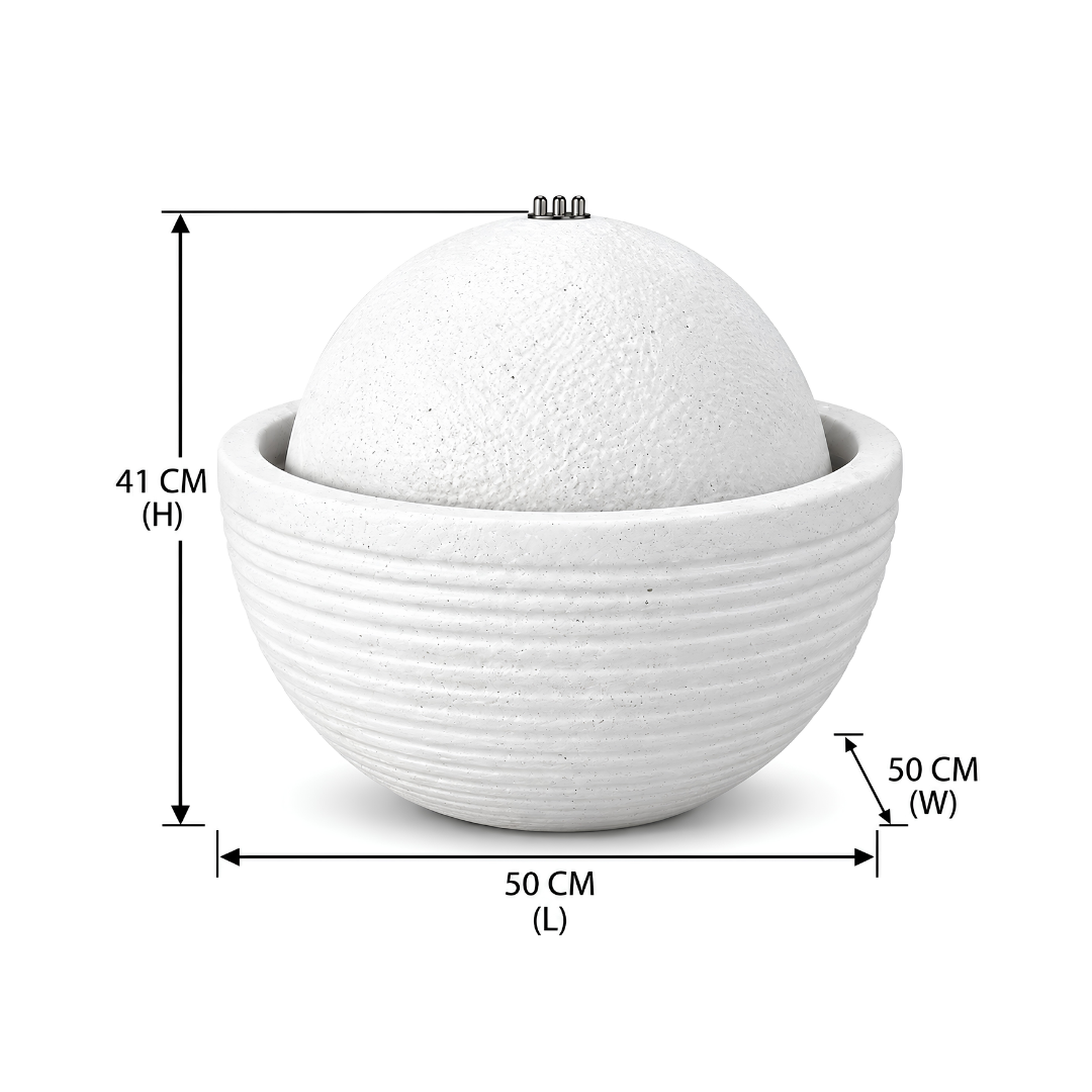 Round Bowl Water Feature with textured sphere and white stone-look finish for gardens, patios and courtyards