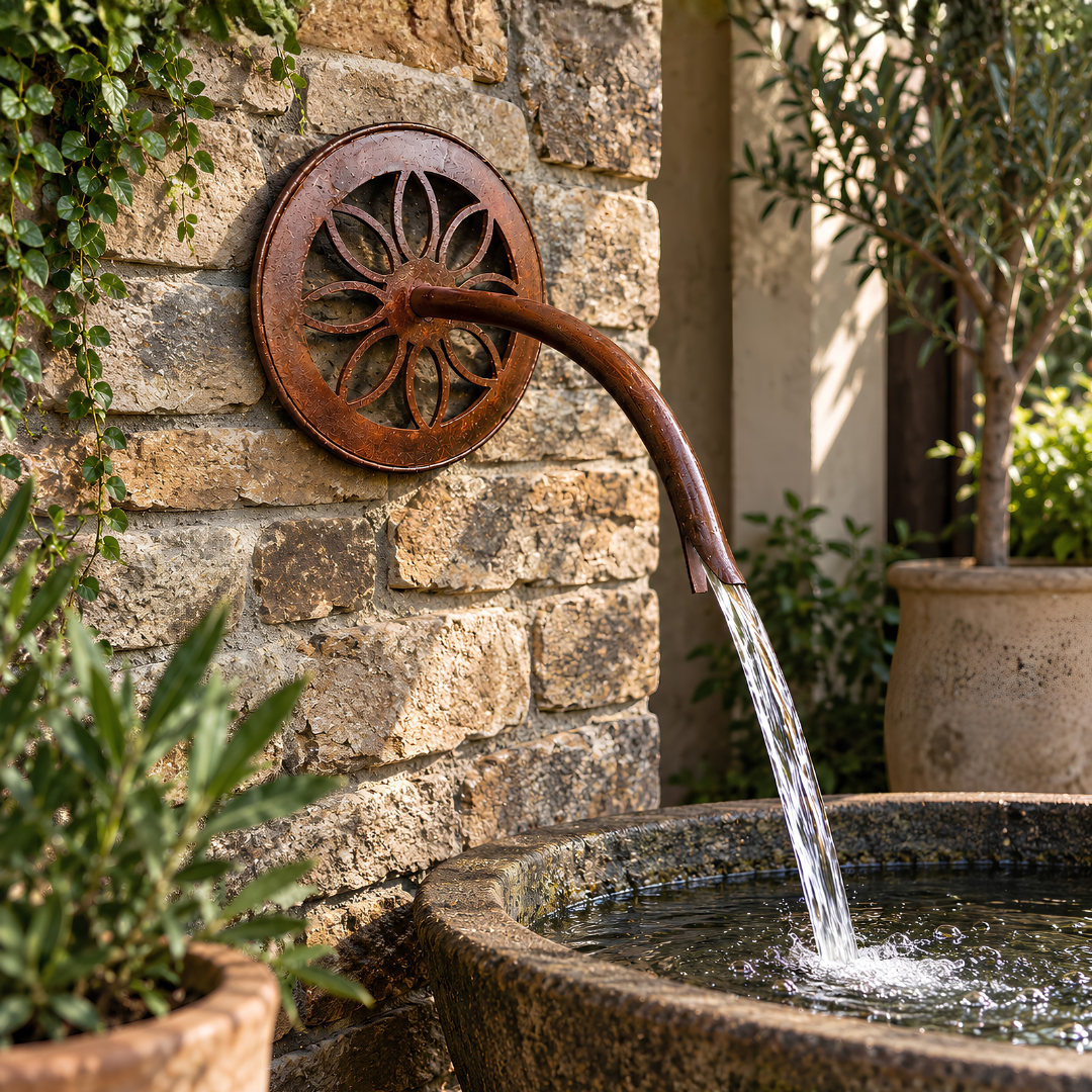 Round Daisy Bent Water Spout for wall-mounted garden fountains, ponds and decorative water features