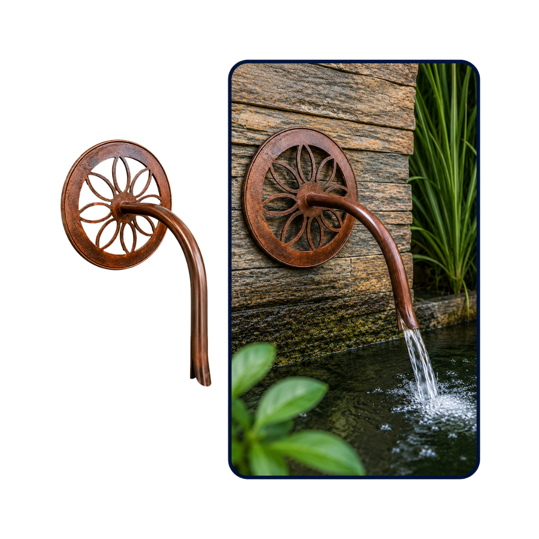 Round Daisy Bent Water Spout for wall-mounted garden fountains, ponds and decorative water features