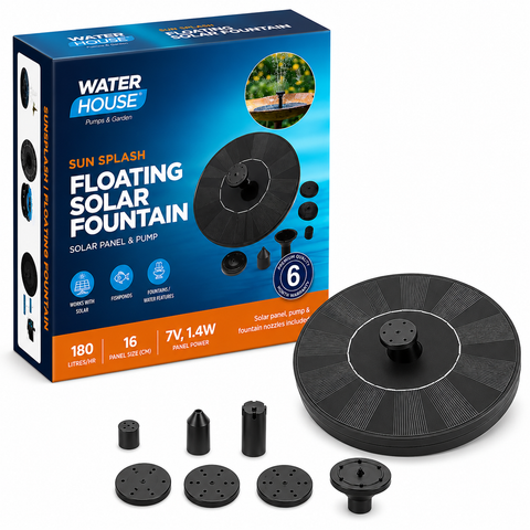 Water House floating solar fountain with packaging and accessories on a white background