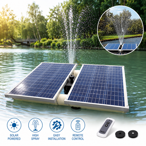 Solar-powered water fountain system on a pond with solar panels and remote control.