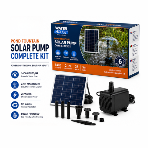 Water House pond fountain solar pump complete kit with packaging, solar panel, and pump on a white background.