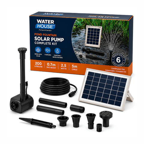 Water House solar pump complete kit with solar panel, pump, and accessories on a white background