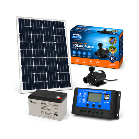 Solar pond fountain full kit with 12V 800L/h water pump, 30W or 50W solar panel, 12Ah battery and 10A voltage regulator for ponds and water features
