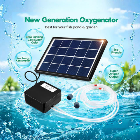Solar powered dual outlet air oxygen pump for fish ponds and aquariums with 20W solar panel, rechargeable lithium battery, adjustable airflow and air stones for pond aeration.