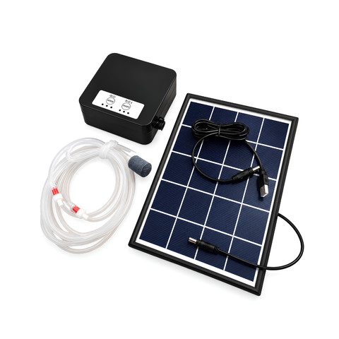 Solar powered dual outlet air oxygen pump for fish ponds and aquariums with 20W solar panel, rechargeable lithium battery, adjustable airflow and air stones for pond aeration.