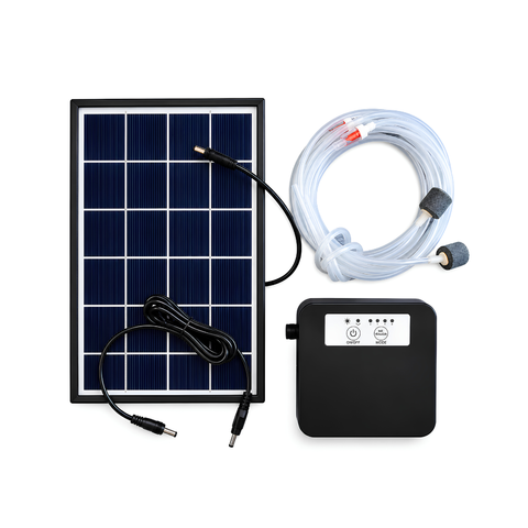 Solar powered dual outlet air oxygen pump for fish ponds and aquariums with 20W solar panel, rechargeable lithium battery, adjustable airflow and air stones for pond aeration.