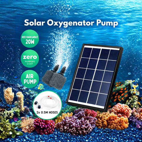 Solar powered dual outlet air oxygen pump for fish ponds and aquariums with 20W solar panel, rechargeable lithium battery, adjustable airflow and air stones for pond aeration.