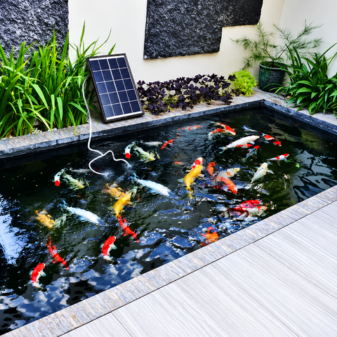 Solar powered dual outlet air oxygen pump for fish ponds and aquariums with 20W solar panel, rechargeable lithium battery, adjustable airflow and air stones for pond aeration.