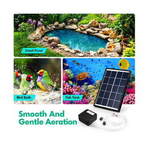 Solar powered dual outlet air oxygen pump for fish ponds and aquariums with 20W solar panel, rechargeable lithium battery, adjustable airflow and air stones for pond aeration.