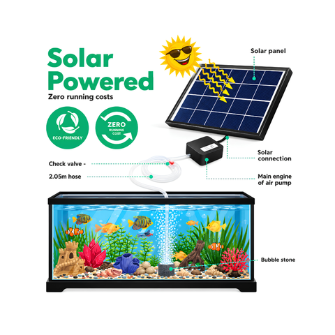 Solar powered dual outlet air oxygen pump for fish ponds and aquariums with 20W solar panel, rechargeable lithium battery, adjustable airflow and air stones for pond aeration.