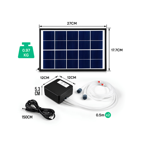 Solar powered dual outlet air oxygen pump for fish ponds and aquariums with 20W solar panel, rechargeable lithium battery, adjustable airflow and air stones for pond aeration.