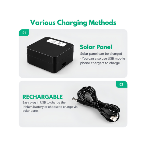 Solar powered dual outlet air oxygen pump for fish ponds and aquariums with 20W solar panel, rechargeable lithium battery, adjustable airflow and air stones for pond aeration.