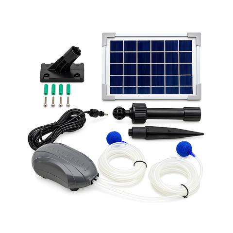 Solar Powered Air Pump 3 Litres per minute with 3W solar panel, dual air outlets, two air stones and hoses for oxygenating small garden ponds and fish ponds.