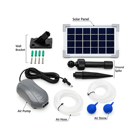 Solar Powered Air Pump 3 Litres per minute with 3W solar panel, dual air outlets, two air stones and hoses for oxygenating small garden ponds and fish ponds.