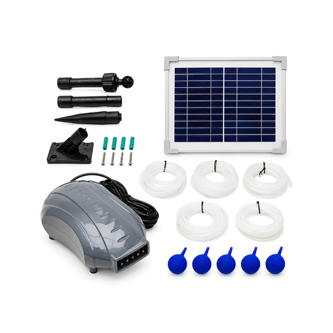 Solar Powered Air Pump with 5 Air Stones, featuring a 5W solar panel, five air outlets, five 30mm air stones and hoses for oxygenating garden ponds, koi ponds and fish ponds.